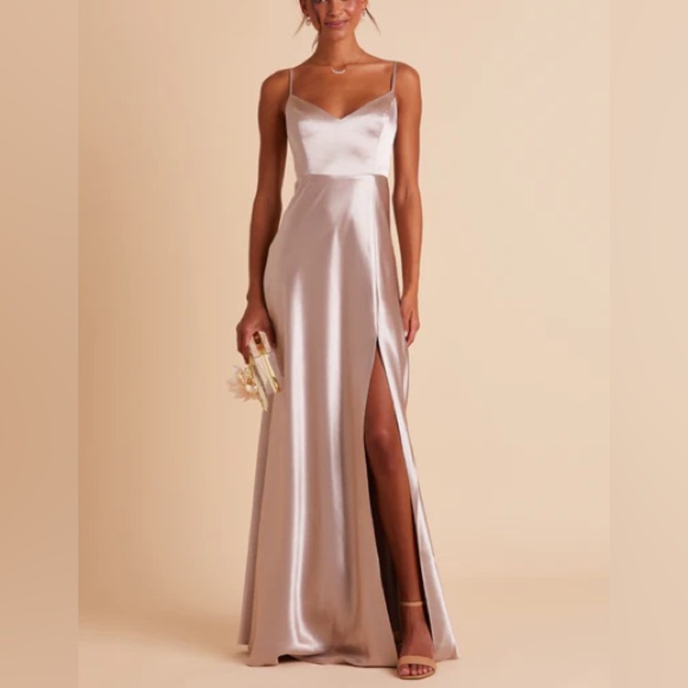 BIRDY GREY Elegant Champagne Satin Maxi Dress w Slit - Wedding Prom Evening Gown